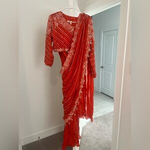 Orange Embroidered Lengha Saree